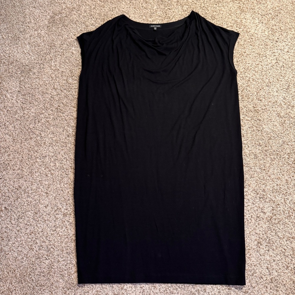 Eileen Fisher Cowl Neck Draped Cap Sleeve Jersey Knee Length Dress, Black - M